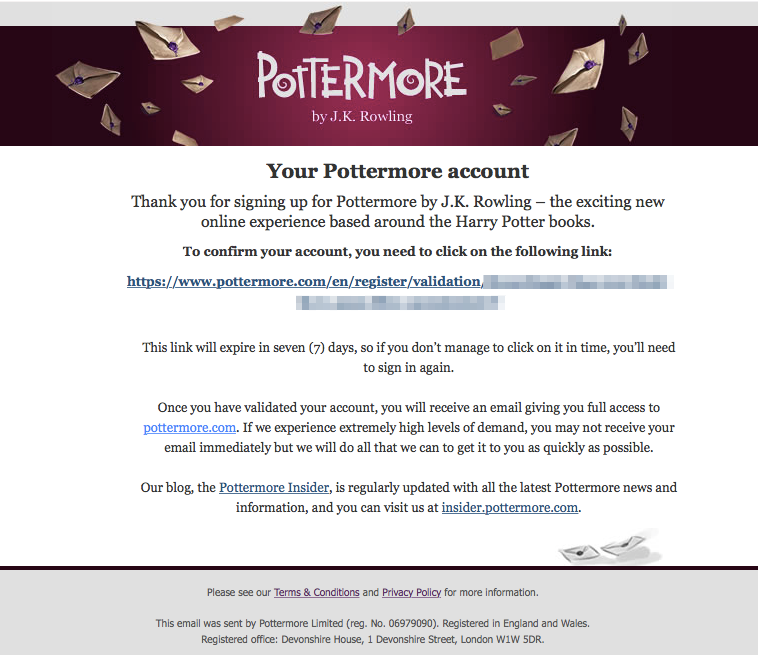 Example Pottermore Email Confirmation