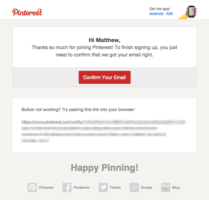 Example Pinterest Confirmation Email